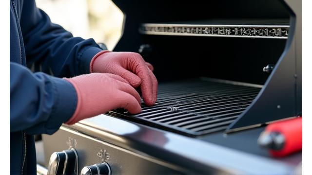 Photograph of a technician performing maintenance on a large BBQ grill