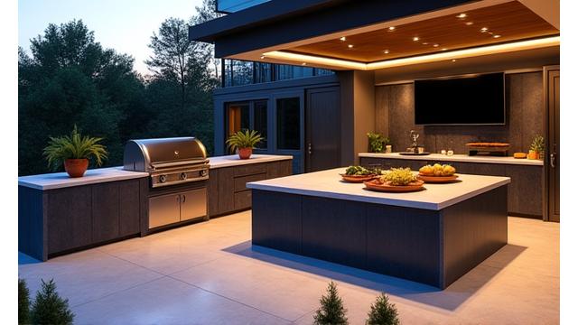 Photograph of a completed outdoor kitchen with a large BBQ unit and counter space