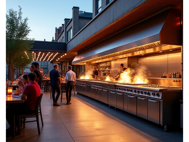 Expansive commercial outdoor kitchen at a bustling restaurant patio during evening service