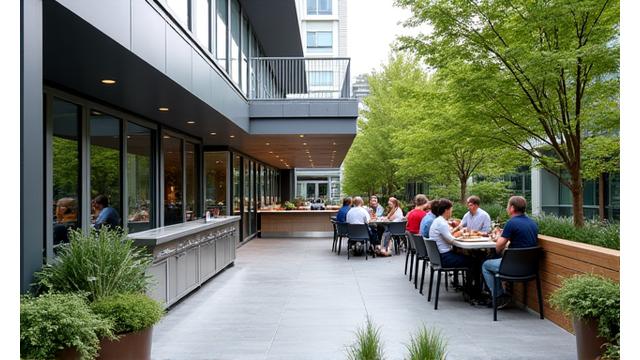 Modern corporate campus outdoor dining area with a sleek outdoor kitchen