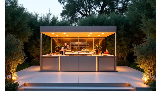 Elegant outdoor catering setup at an event venue with food stations