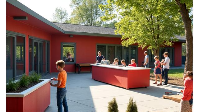 Outdoor kitchen area at a community center with picnic tables