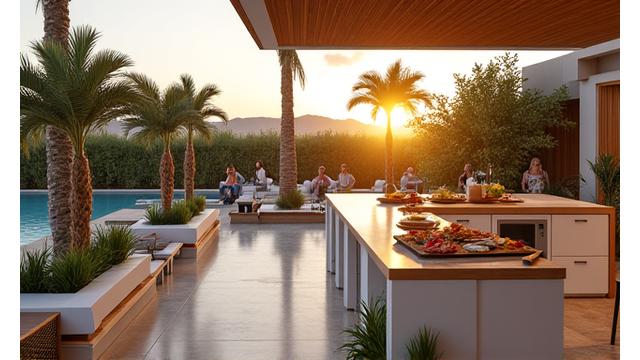 Luxurious outdoor kitchen by a resort pool, guests dining at tables