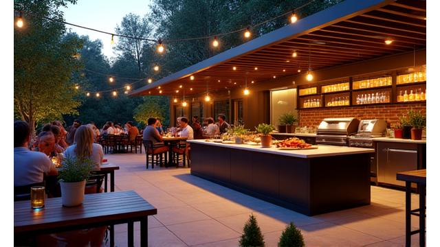 Busy restaurant patio with an integrated outdoor kitchen, chefs cooking