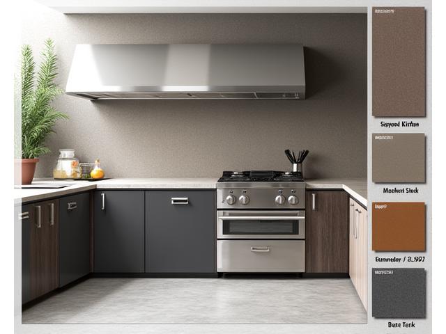 A collage displaying various color and finish samples for compact outdoor kitchen components, from dark modern tones to light, natural textures.