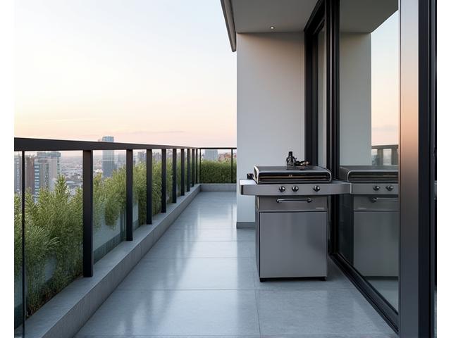 A sleek, foldable BBQ unit neatly integrated into a balcony railing, demonstrating space efficiency.