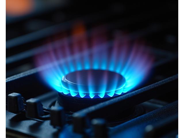 A close-up of a high-performance burner on a compact grill, showing intense and controlled flame, emphasizing power in a small unit.