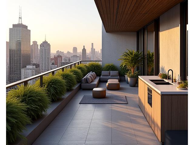 An urban balcony with a compact outdoor kitchen seamlessly integrated with modern outdoor furniture and planters, creating a cohesive living space.