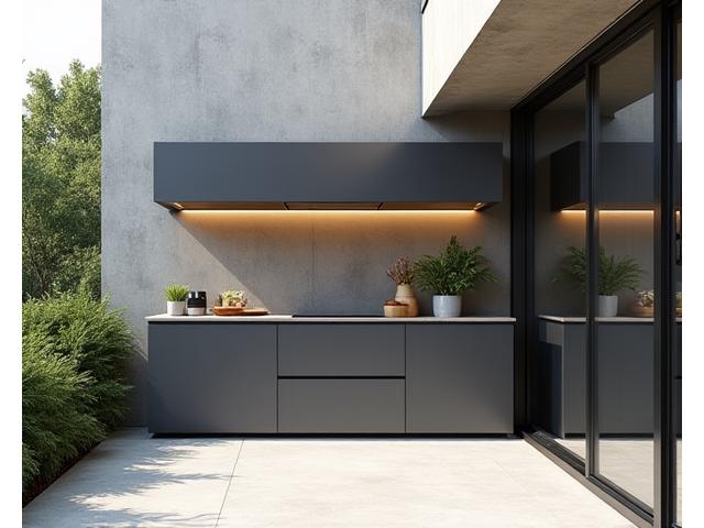 A sleek, minimalist compact outdoor kitchen setup on a modern urban patio, blending seamlessly with contemporary decor.