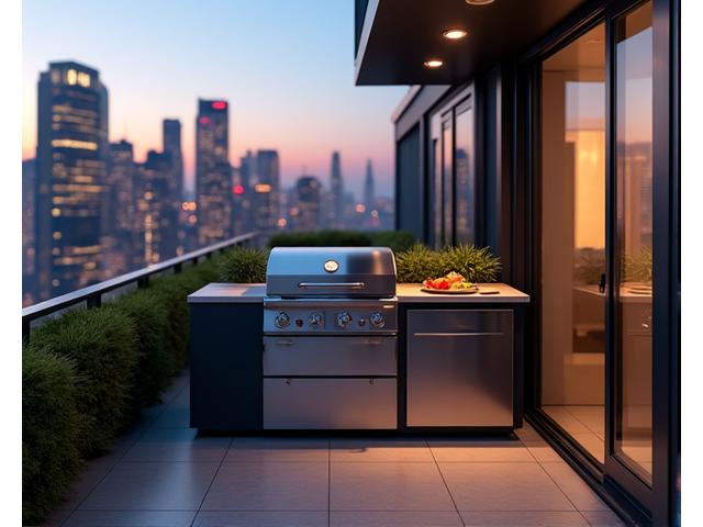 Stylish compact outdoor kitchen on an urban balcony at dusk, with ambient lighting and food grilling on a high-efficiency BBQ unit.