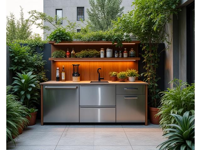 An outdoor kitchen unit with vertical elements featuring herb gardens and integrated cooking areas.