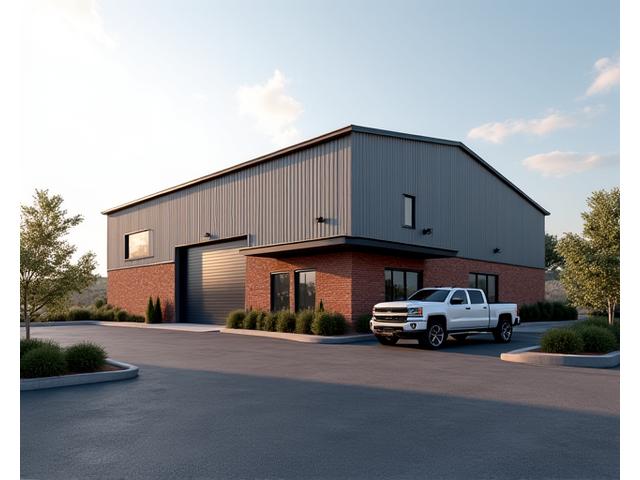 Exterior view of Ember & Stone Customs workshop with a large, inviting entrance.