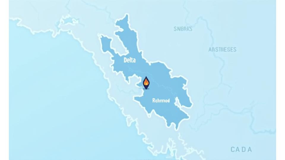 Stylized map highlighting Delta and the Lower Mainland region of British Columbia.