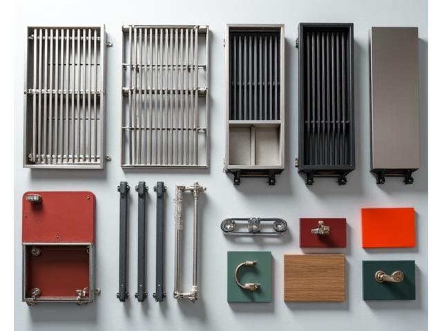 Modular pieces of a custom BBQ unit arranged on a workbench, showing various configuration options for a client to choose from.