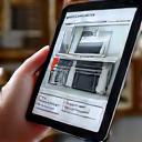 3D rendering of an outdoor kitchen design with BBQ unit on a tablet.