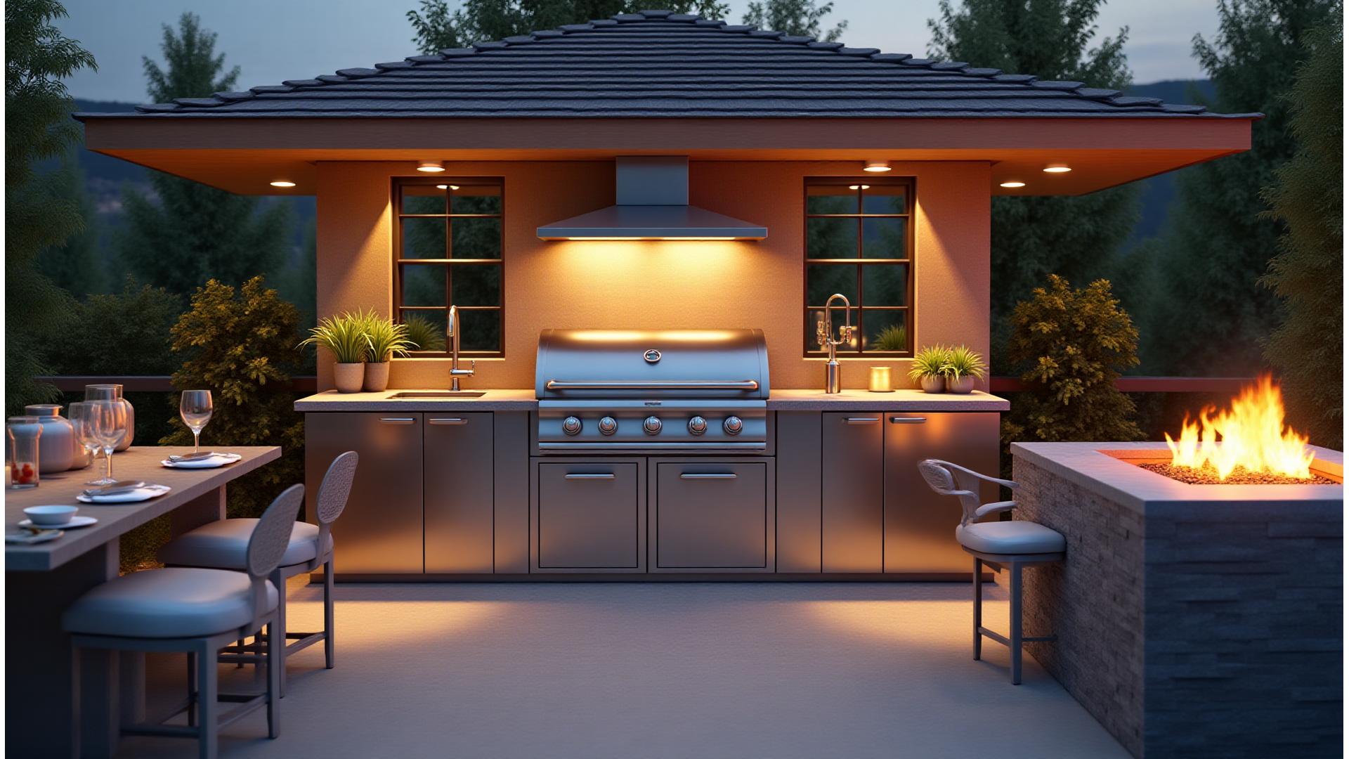 Stunning custom outdoor kitchen with a large stainless steel BBQ unit, integrated sink, and ample counter space under warm evening lighting. Modern outdoor living.