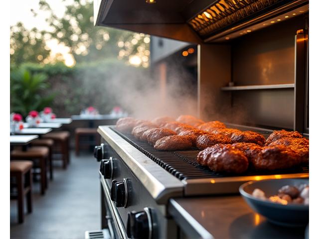 Commercial-grade custom BBQ station in a restaurant outdoor dining area, bustling with chefs.