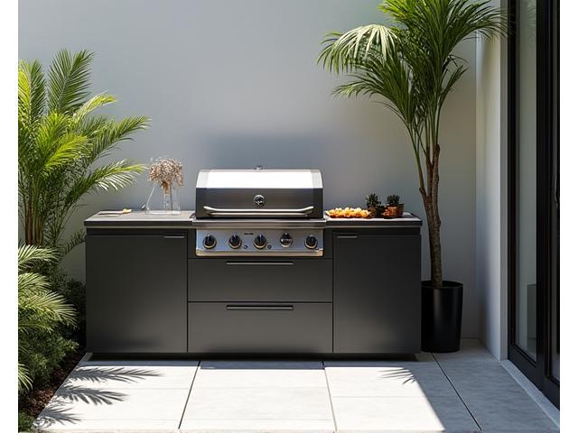Sleek, compact custom BBQ unit on a small urban patio with space-saving features.