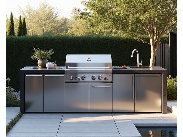 Expansive custom BBQ island with integrated gas grill, side burner, sink, and under-counter refrigeration, set in a modern backyard.
