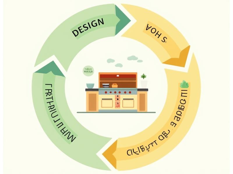 Illustration of a circular economy, showing recycling and reuse of resources within a loop and an outdoor kitchen in the center.