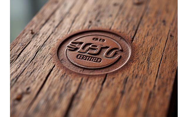 Close-up of beautiful, richly textured reclaimed Douglas fir lumber with FSC certification stamp.