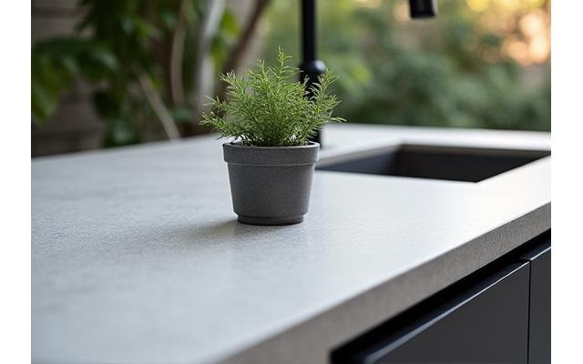 Example of a sleek outdoor kitchen countertop made from recycled concrete and aggregate.