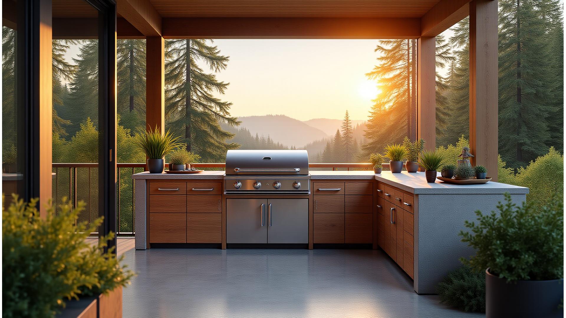 Stunning eco-friendly outdoor kitchen integrated seamlessly into a lush British Columbia natural landscape at golden hour, with dappled sunlight through trees.