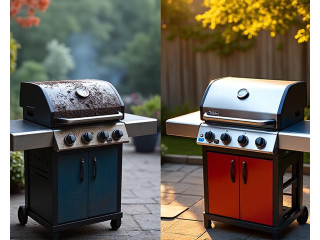 Side-by-side comparison illustrating a broken grill needing emergency repair vs a clean, well-maintained grill