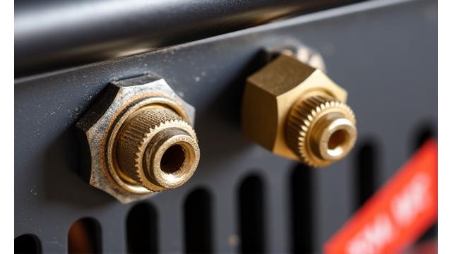 Before and after image of a grill's gas line, showing corroded vs new connection