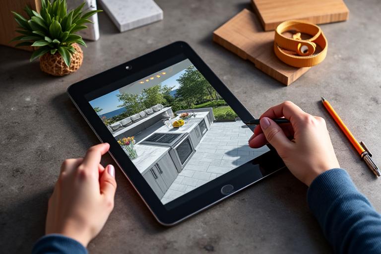 A detailed 3D rendering of an outdoor kitchen blueprint on a tablet, with actual material samples (stone, wood) and a tape measure beside it, symbolizing design and planning.