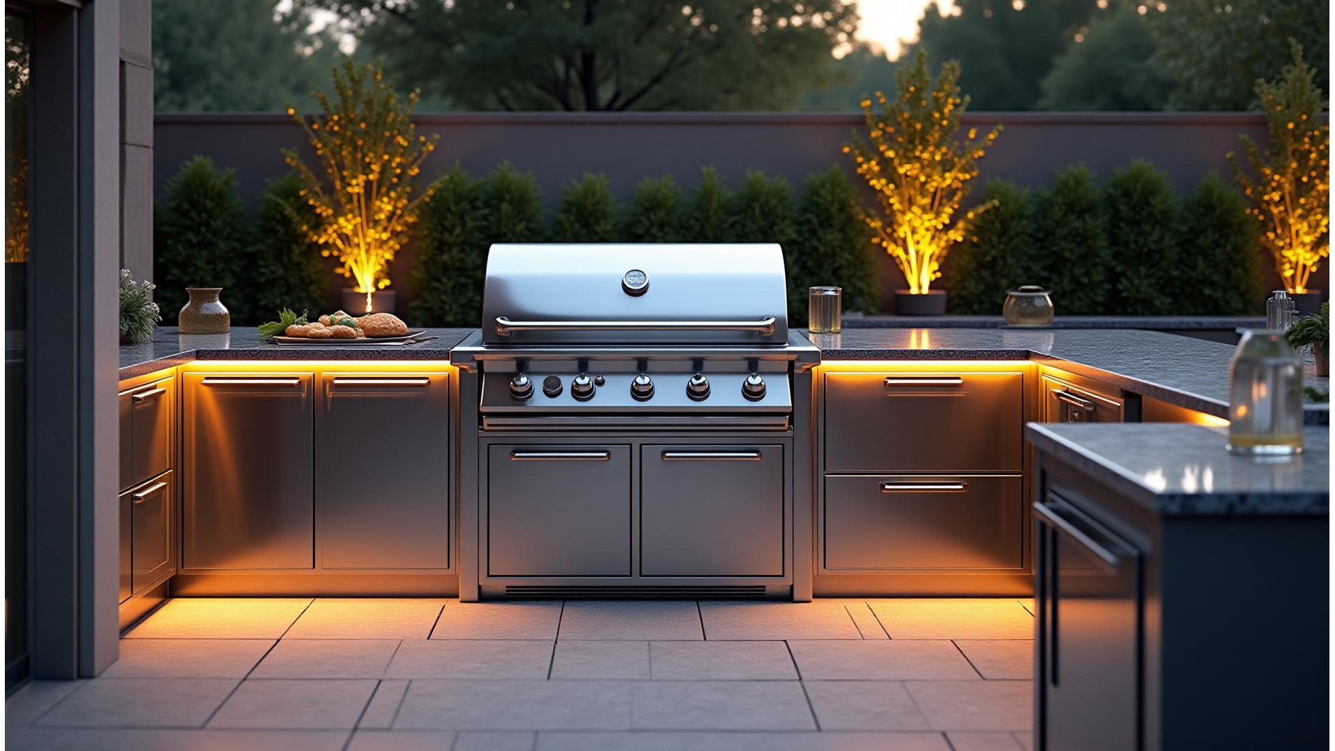 Stunning custom outdoor kitchen with built-in BBQ, pizza oven, and seating area under evening lights, designed by Ember & Stone Customs.