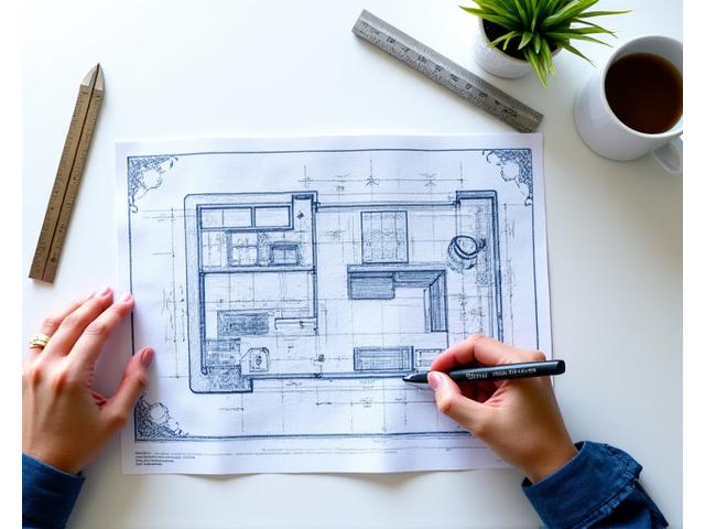 A designer's hand sketching an outdoor kitchen layout on a blueprint, with measuring tools nearby.