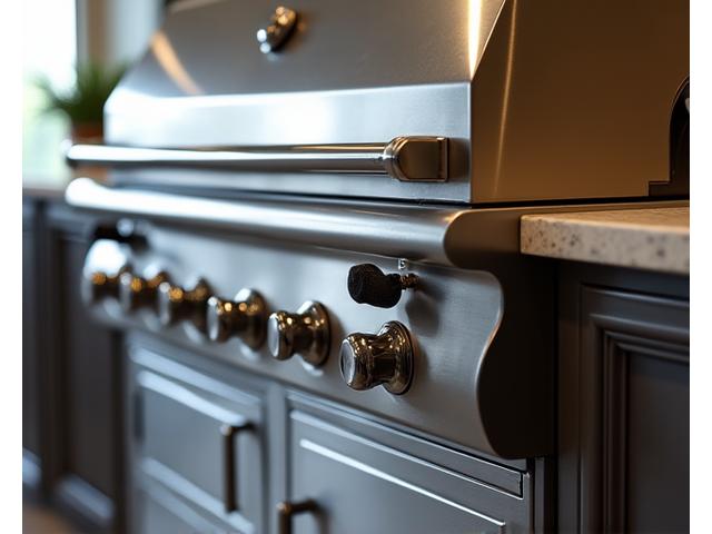 A sleek, custom-fabricated stainless steel built-in BBQ unit with granite countertops, ready for installation.