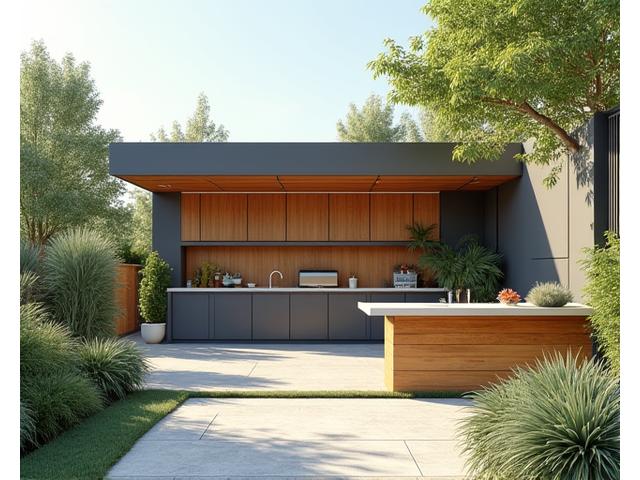 A schematic drawing of an eco-friendly outdoor kitchen, highlighting solar panels, rainwater harvesting, and recycled material usage.