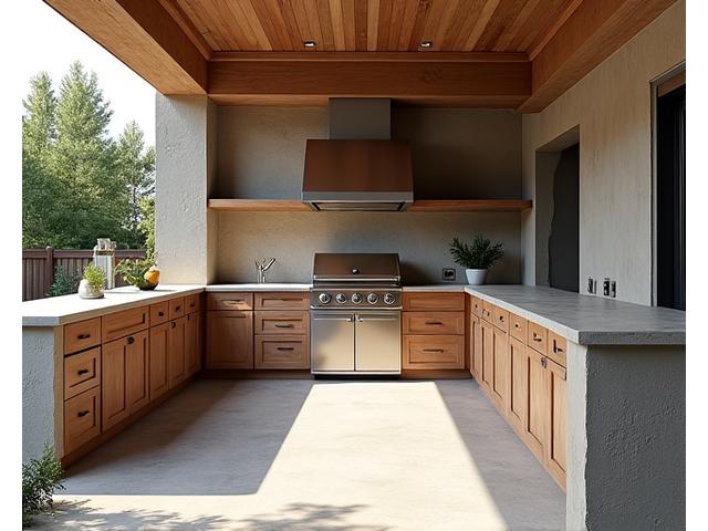A modern outdoor kitchen under construction, showing integrated cabinetry, gas lines, and rough-ins for appliances.