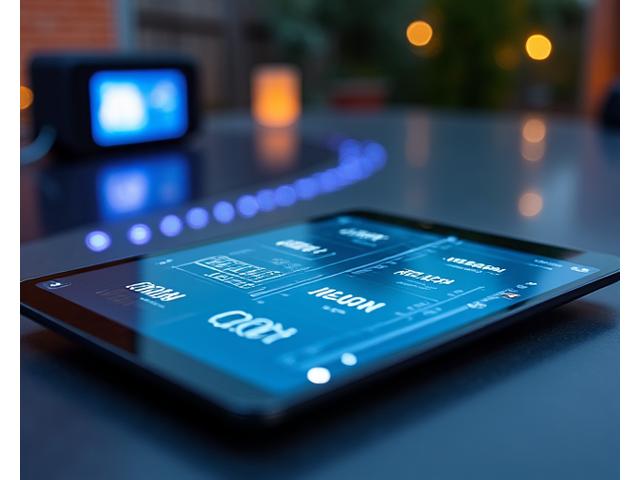 A close up of a smart outdoor kitchen control panel, showing app interface on a tablet managing lighting, music, and grill temperature.