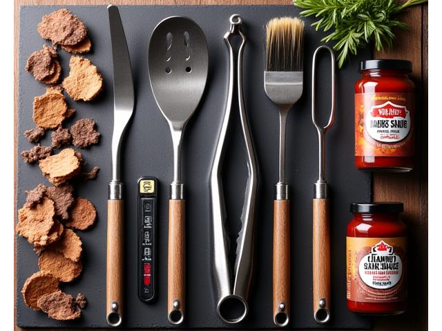 An array of professional-grade barbecue tools, wood chips for smoking, and grill accessories neatly displayed.