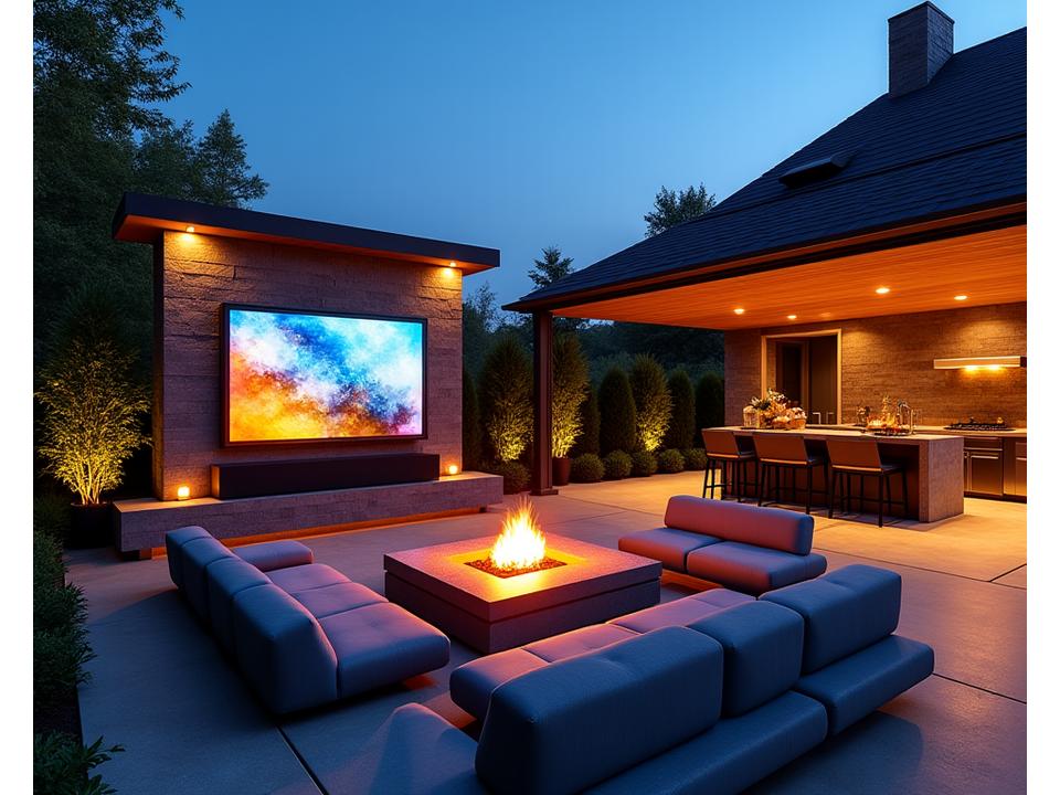 A vibrant outdoor entertainment zone with a large screen, integrated sound system, stylish seating, and a fire pit.