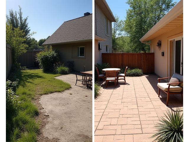 Before and after of a residential backyard transformation, showing a dilapidated patio turned into a luxurious outdoor kitchen.