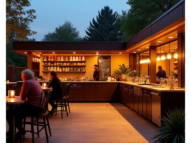 A bustling restaurant patio featuring a custom outdoor wood-fired oven and a large prep counter during peak hours.