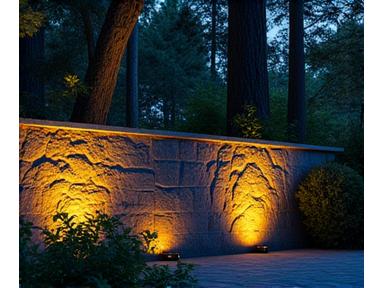 Dramatic uplighting highlighting a textured stone wall and tall trees in an outdoor garden.