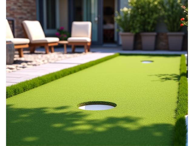 Outdoor putting green next to a patio with comfortable chairs, showing recreational fun.
