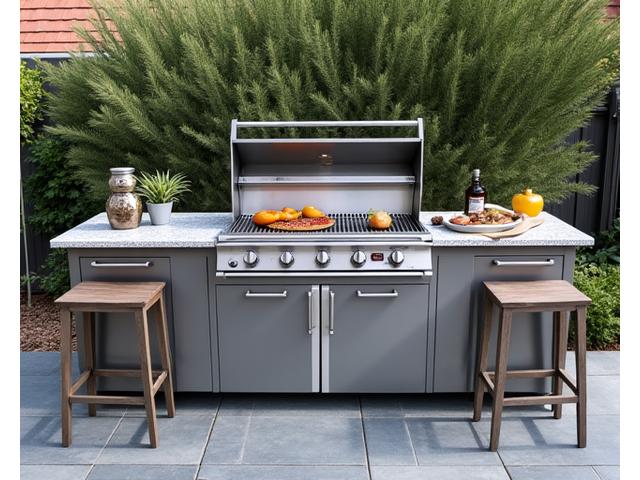 Modern outdoor kitchen island with built-in barbecue, ample prep space, and bar seating.