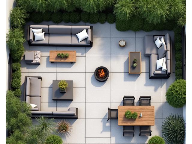 Overhead view of a well-arranged outdoor patio with distinct zones for dining, lounging, and a fire pit, showing clear traffic paths.