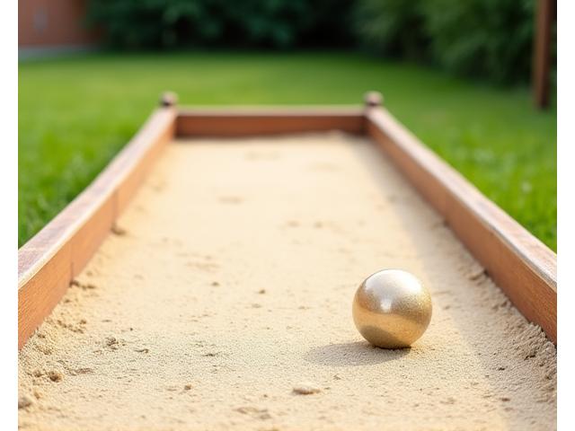 Outdoor bocce ball court with sand surface and defined boundary, ready for play.