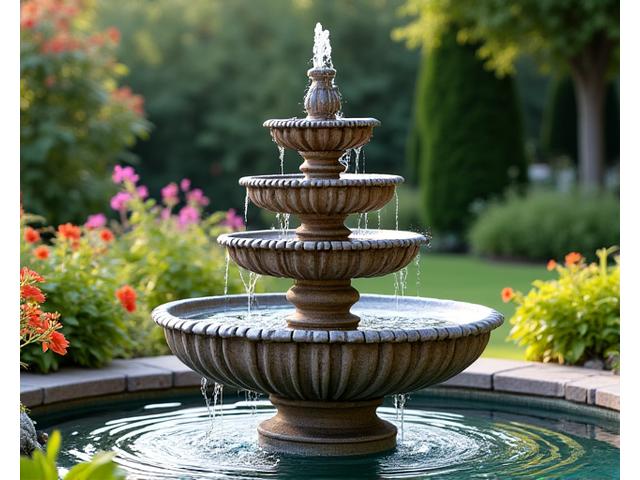 Elegant multi-tiered garden fountain in a serene backyard setting with lush plants.