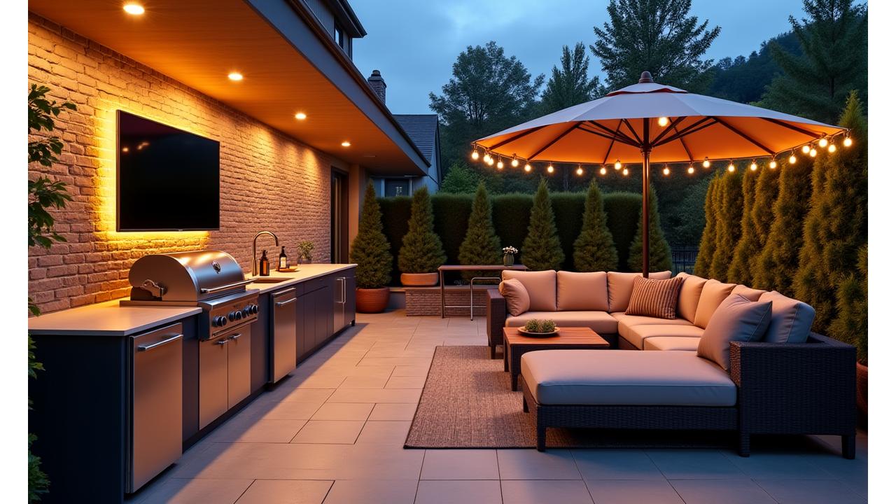 Luxurious outdoor entertainment zone at dusk, featuring a custom BBQ kitchen, comfortable seating, ambient lighting, and a weatherproof TV.