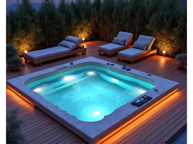 Modern built-in hot tub integrated into a wooden deck with surrounding lounge chairs and subtle lighting.