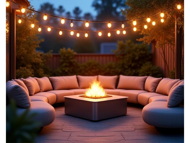 Cozy outdoor lounge area with deep-cushioned sofas, a fire pit, and soft string lights overhead.