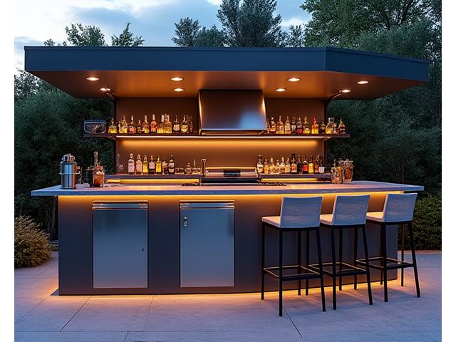 Stylish outdoor bar with built-in refrigeration, seating, and a large professional grill.